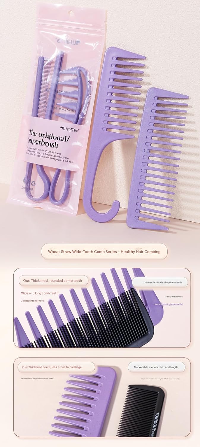 Wide Tooth Comb Detangling Hair Brush | Handgrip Comb | Use For Curly, Wet, Dry, Thick Hair | Set of 2 brushes